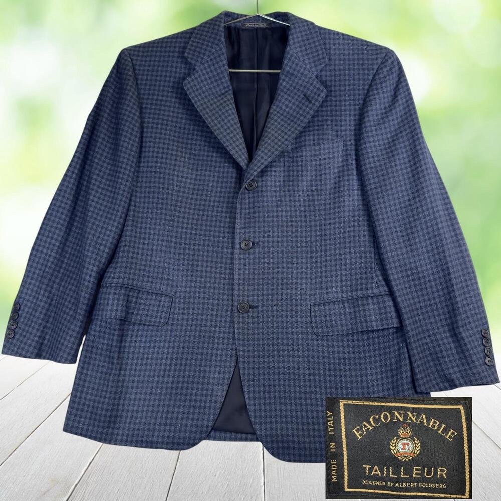 FACONNABLE TAILLEUR Sport Coat Silk Wool Blazer Blue Check Made Italy Mens 42R